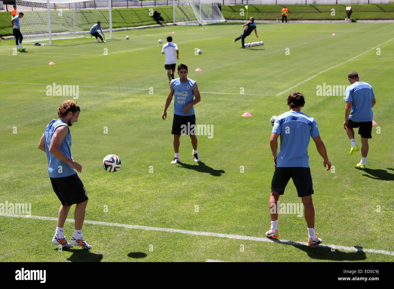 2014 FIFA World Cup - Uruguay national football team training held at Frasqueirao Stadium, following their win against Italy yesterday (24Jun14).  Featuring: Diego Forlan,Jorge Fucile Where: Natal, Brazil When: 25 Jun 2014 Stock Photo