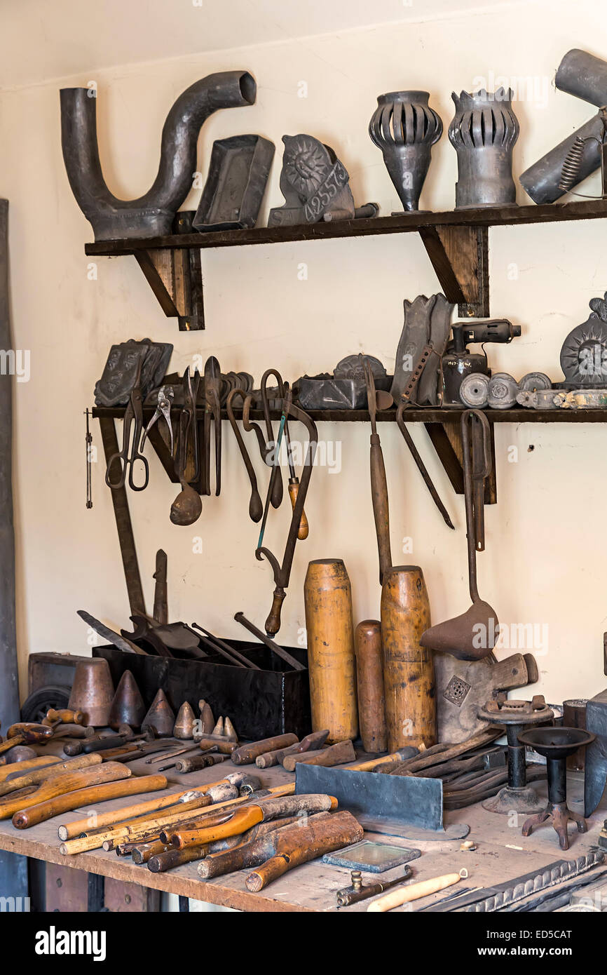 Plumbing tools on workshop bench, Blists Hill Victorian town, Ironbridge, Shropshire, England, UK Stock Photo