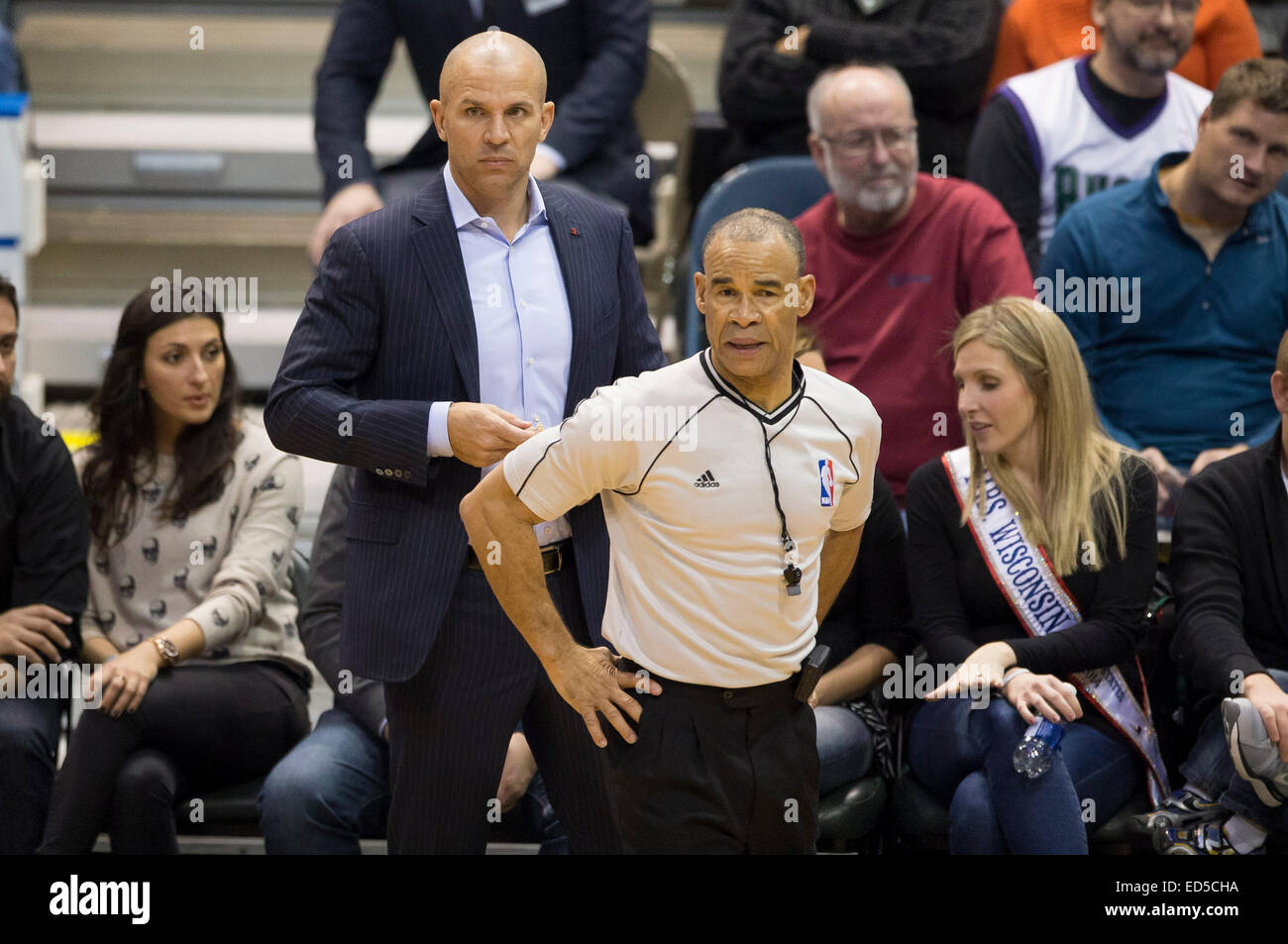 Milwaukee, WI, USA. 27th Dec, 2014. Milwaukee Head Coach Jason Kidd and referee Danny Crawford look on during the NBA game between the Atlanta Hawks and the Milwaukee Bucks at the BMO Harris Bradley Center in Milwaukee, WI. Atlanta defeated Milwaukee 90-85. John Fisher/CSM/Alamy Live News Stock Photo