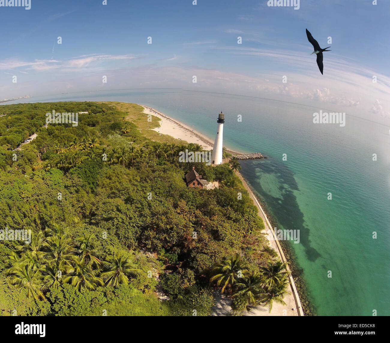 South Florida lighthouse in Key Biscayne seen from birds eye view Stock Photo
