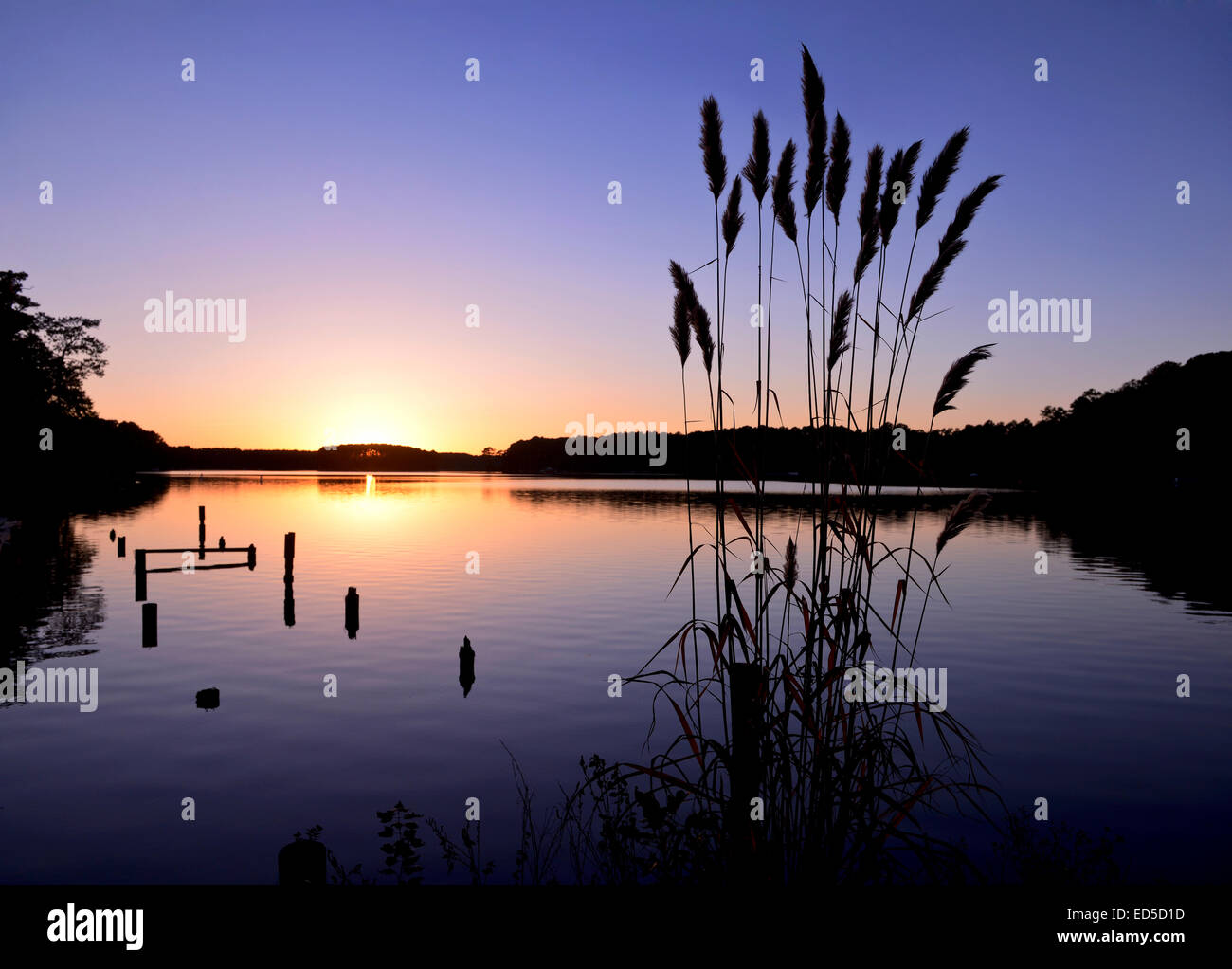 Sunset at Whispering Pines Lake, North Carolina Also Known as Thagards Lake Stock Photo
