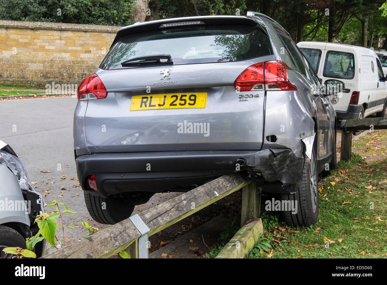 Parking accident Copsehill Road Lower Slaughter The Cotswolds Gloucestershire England Stock Photo
