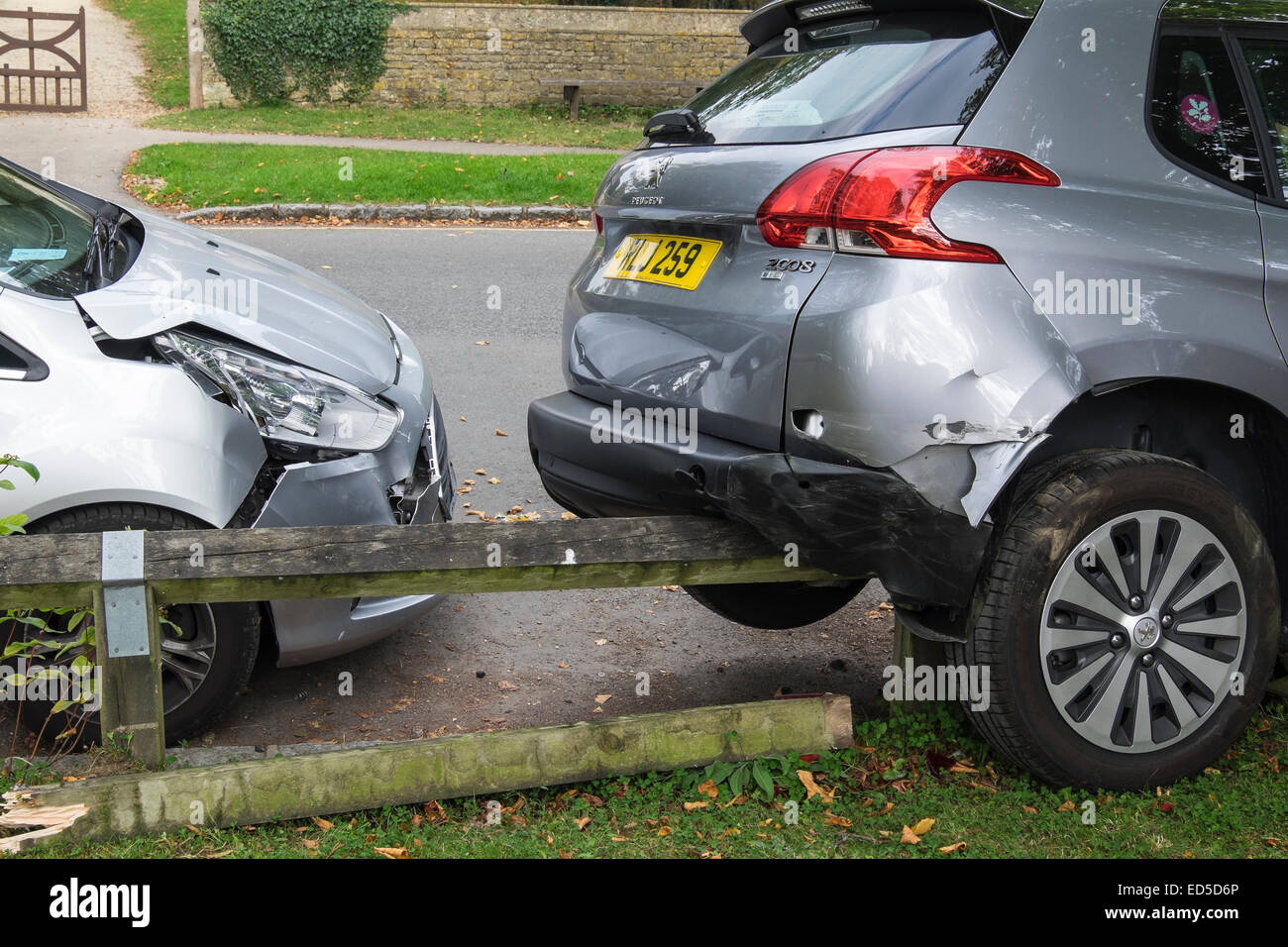 Parking accident Copsehill Road Lower Slaughter The Cotswolds Gloucestershire England Stock Photo