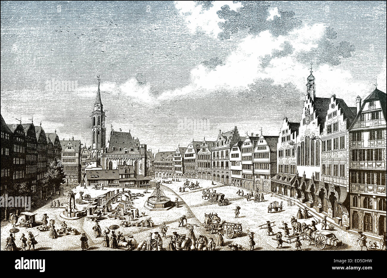 Historical  cityscape, Roemerberg square, Frankfurt am Main, Hesse, Germany, 18th Century, historische Stadtansicht von Frankfur Stock Photo