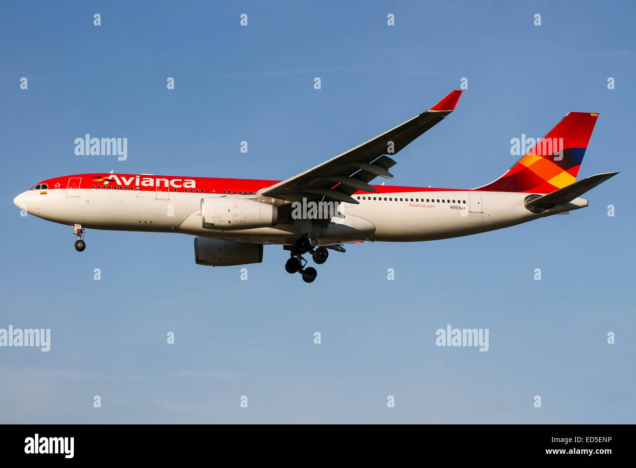 Avianca Airbus A330-200 approaches runway 27L at London Heathrow airport. Stock Photo