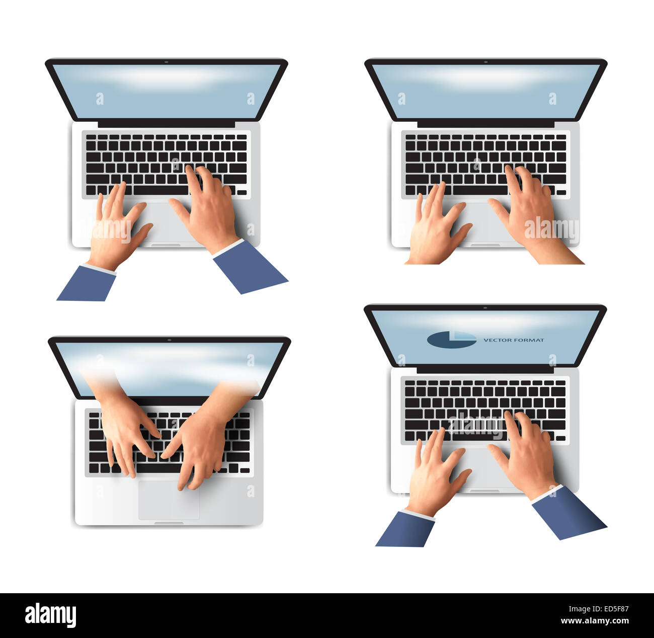 Business hand on notebook computer keyboard with open screen vector illustration Stock Photo