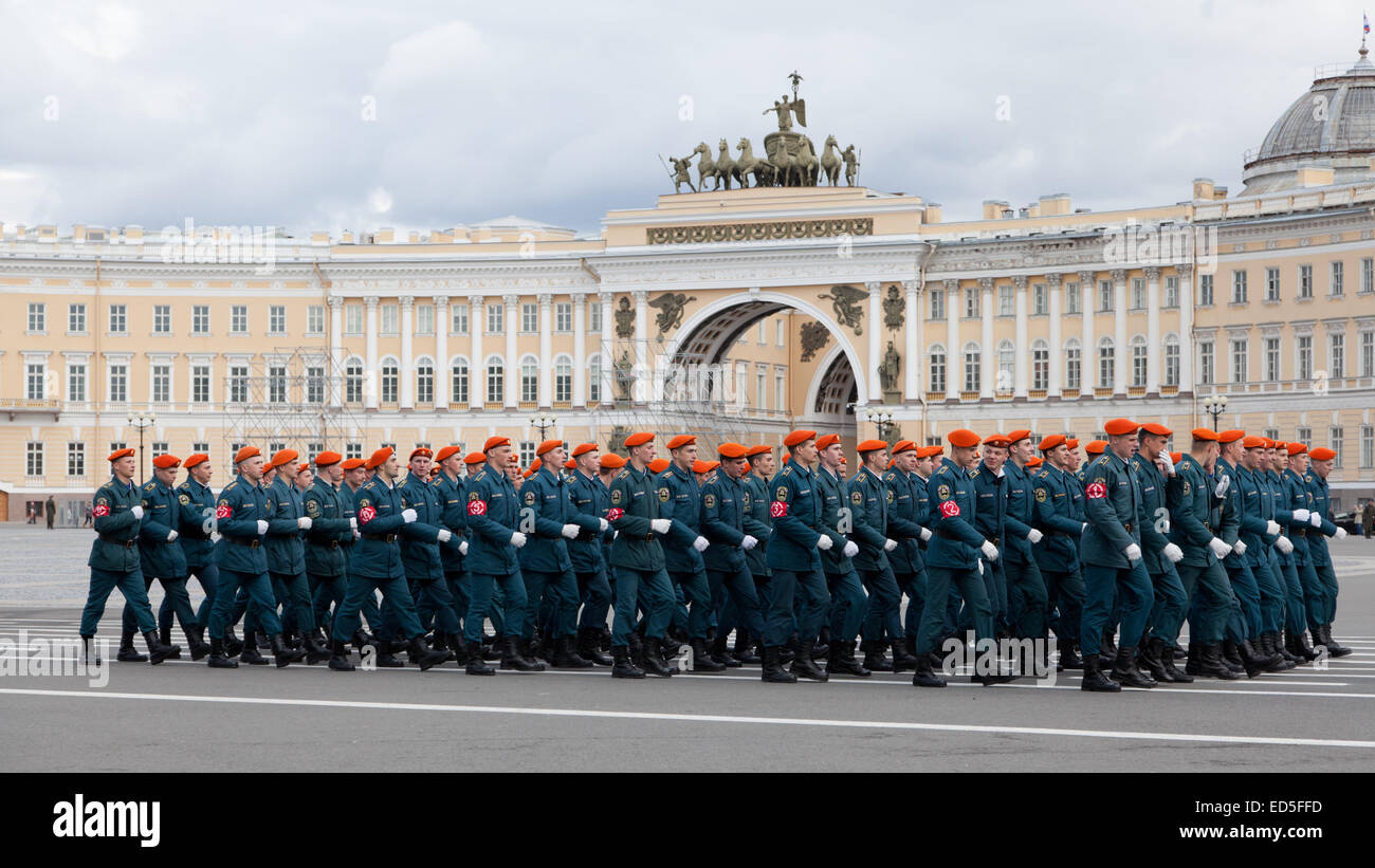 Employees of the Ministry of Emergency Situations at the rehearsal of the Victory Parade Stock Photo