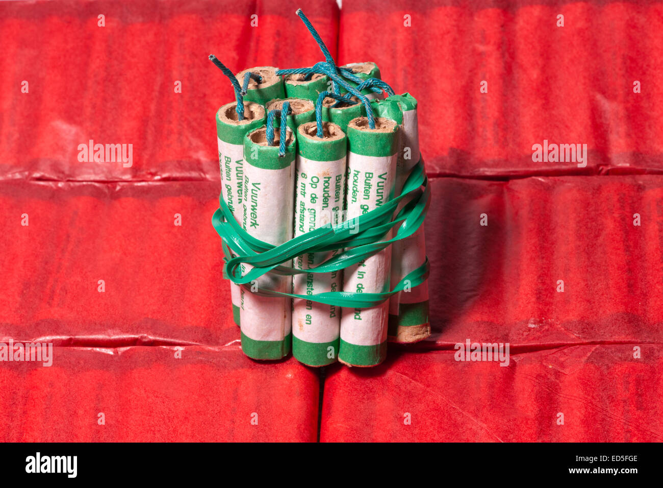 homemade firework bomb made of firecrackers tied together Stock Photo