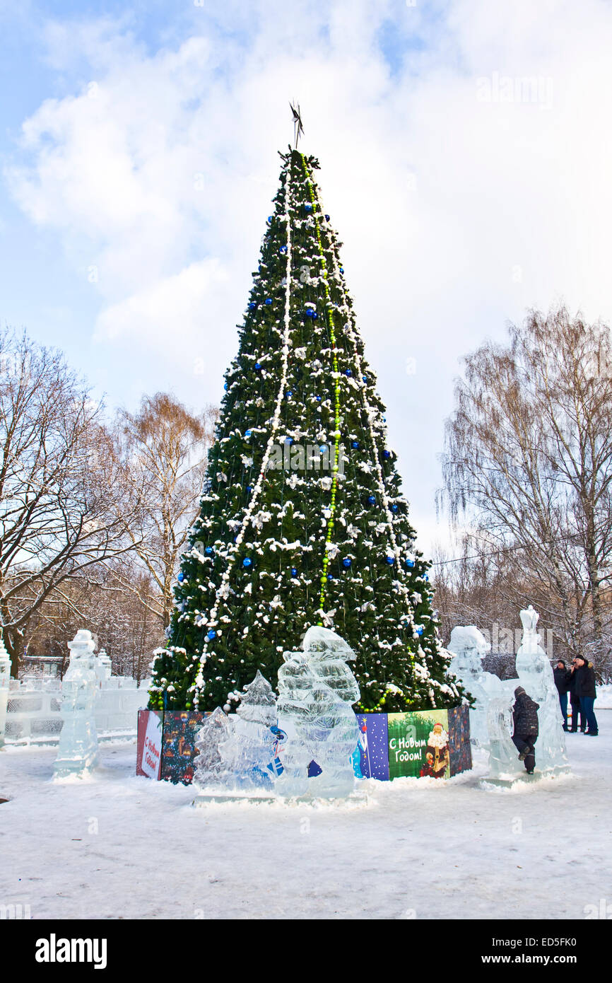 Moscow, Russia January 2012 Christmas tree and ice sculptures in