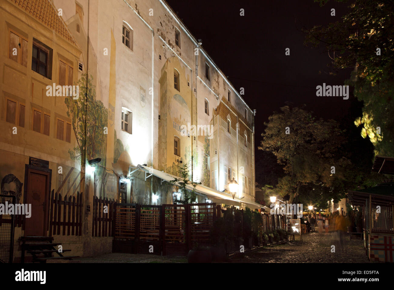 The Skadarlija district of Belgrade, Serbia. Belgrade is highly regarded for its nightlife and Skadarlija has a mixture of Kafan Stock Photo