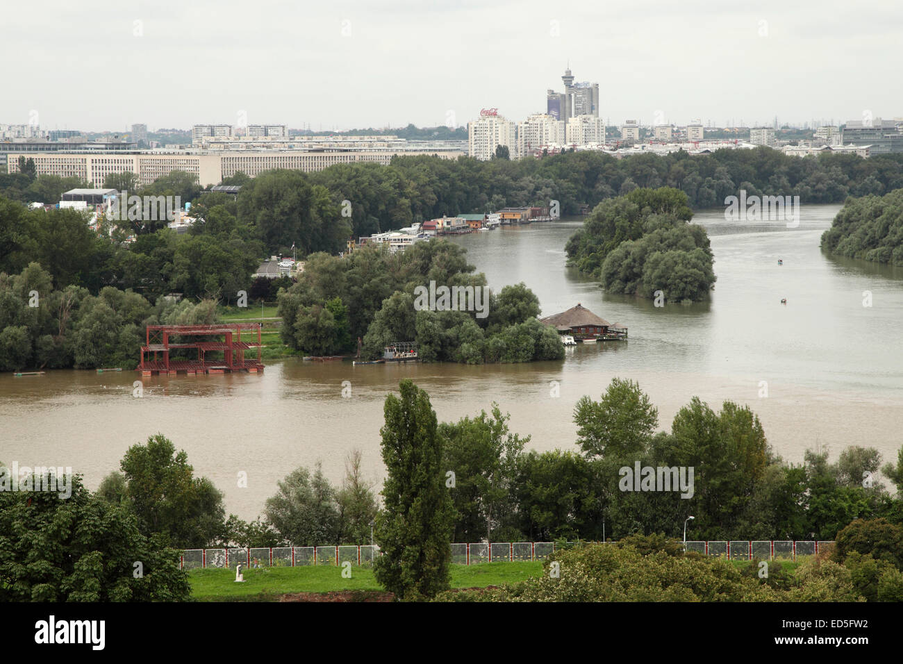 The confluence of the Sava and Danube rivers in Belgrade, Serbia. The rivers play a significant role in the life of Belgrade. Stock Photo