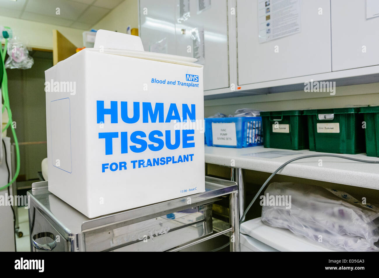 Box in a hospital saying 'Human Tissue for transplant' containing surgical pack for organ harvesting, and instructions for transportation Stock Photo