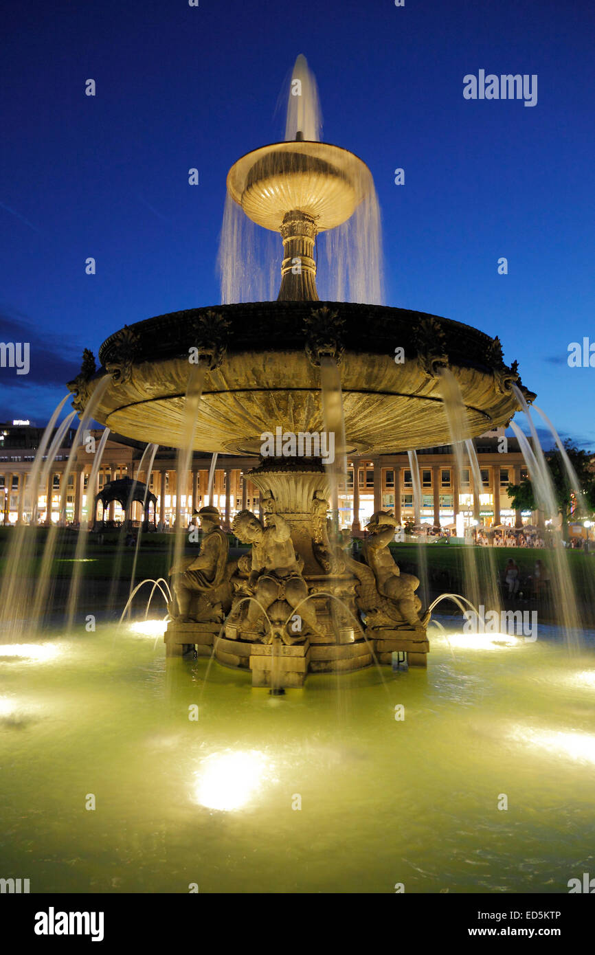 four river fountain and Konigsbau (Kings Building) at Palace Square (Schlossplatz) in Stuttgart, Baden-Wuerttemberg, Germany Stock Photo