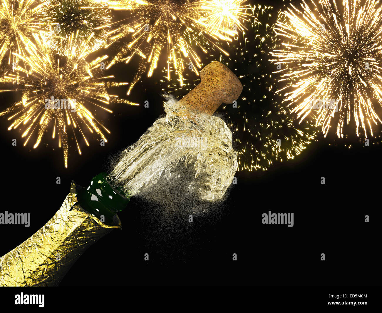 Champagne bottle and cork with lit firework Stock Photo