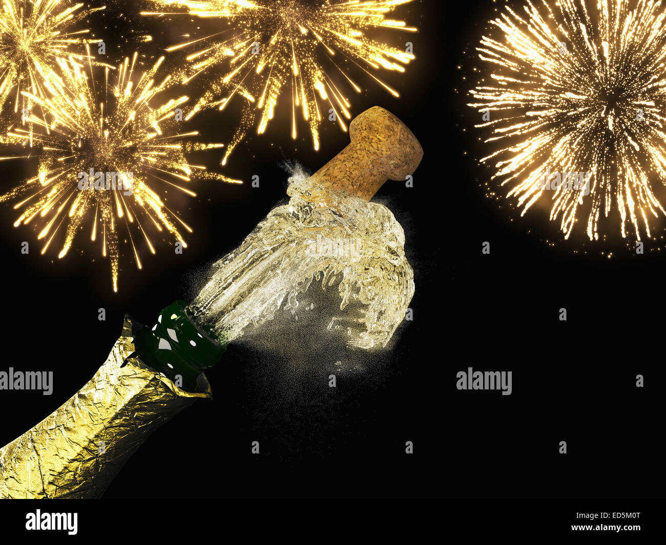 Champagne bottle and cork with lit firework Stock Photo