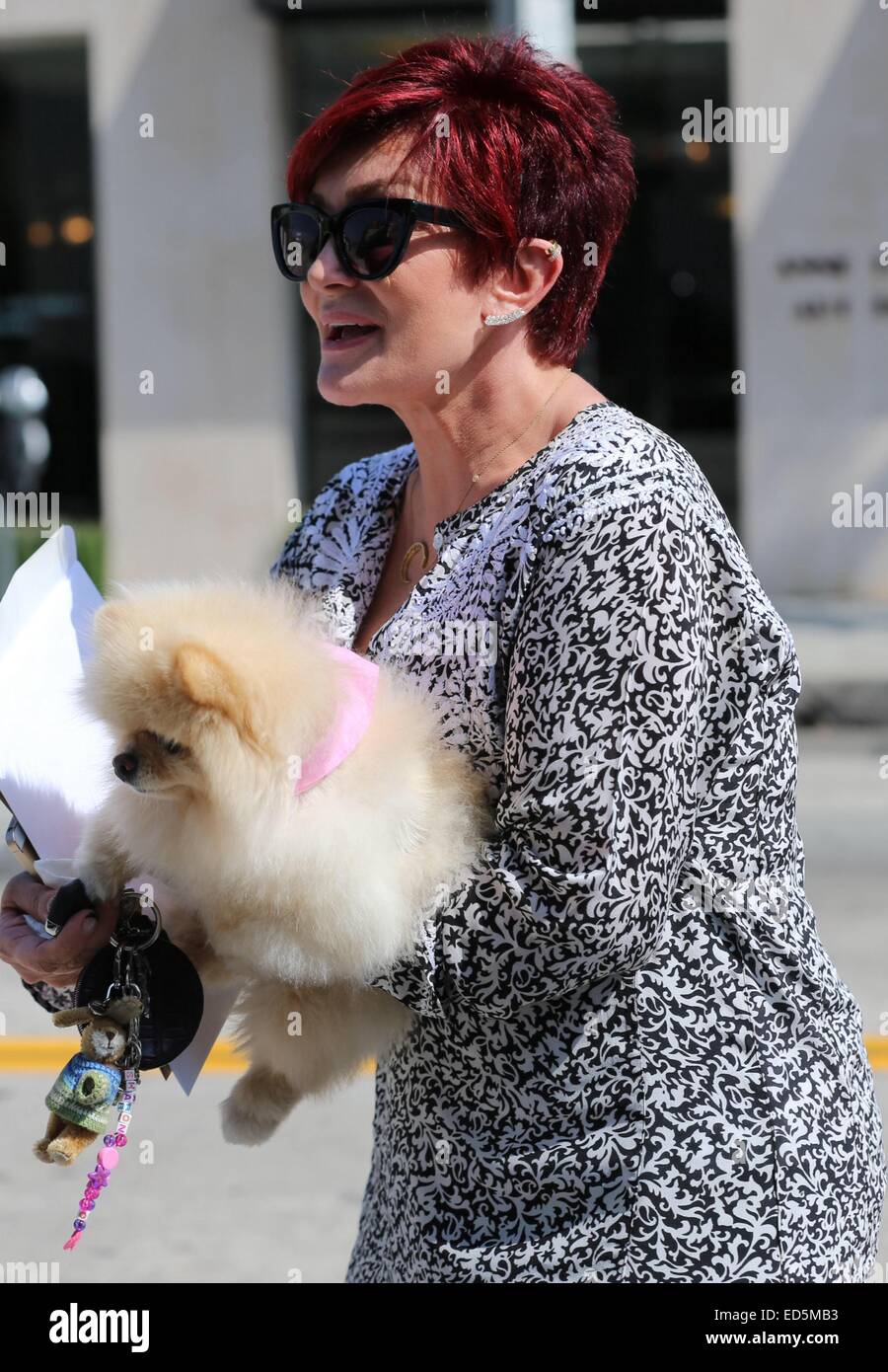 Sharon Osbourne walks to her car with her Pomeranian pet dog after