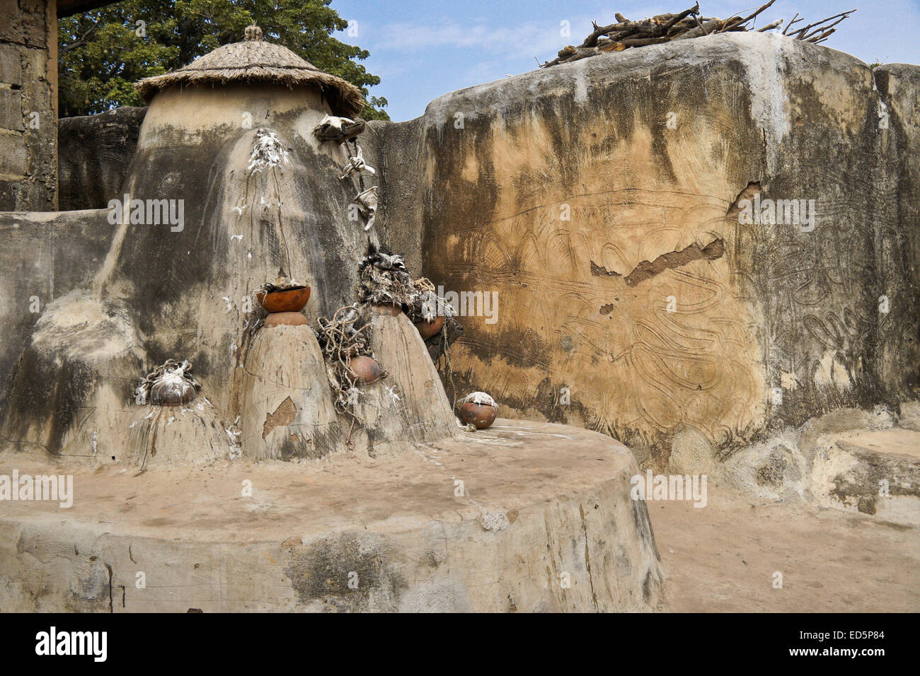 Talensi tribal ancestor shrine with sacrificial offerings, Tongo, Ghana Stock Photo