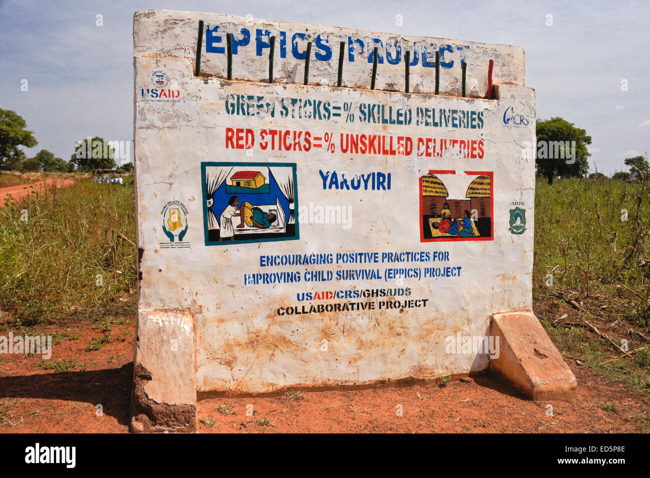 Sign regarding childbirth in clinics vs. in villages, northern Ghana Stock Photo