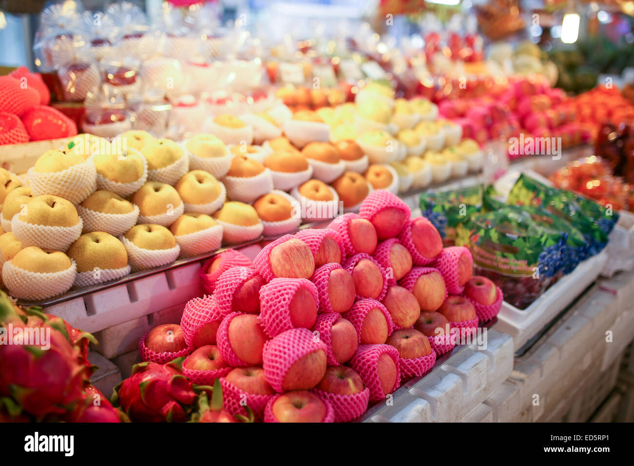 fruits shelf in market Stock Photo