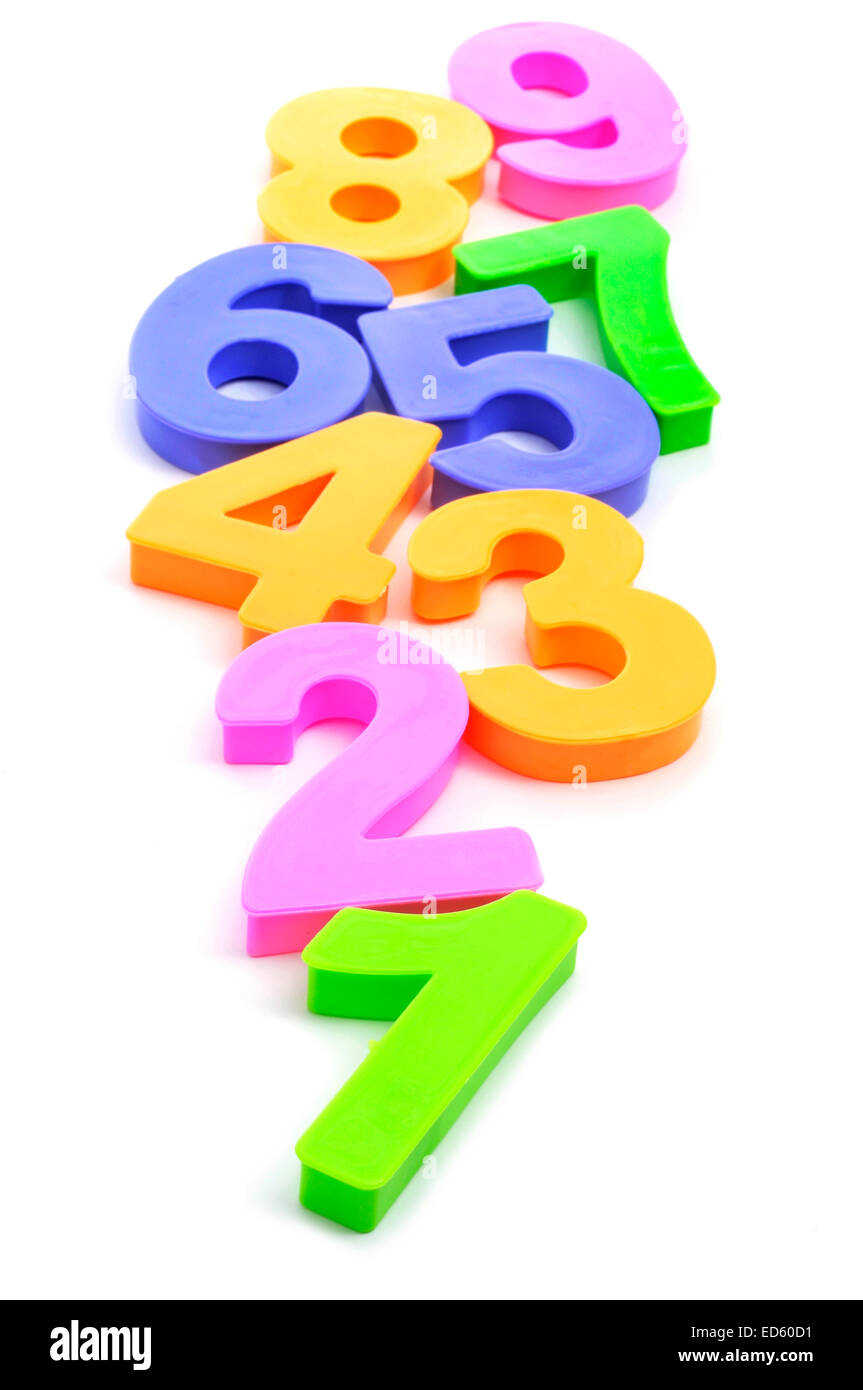 a pile of numbers from one to nine of different colors on a white background Stock Photo