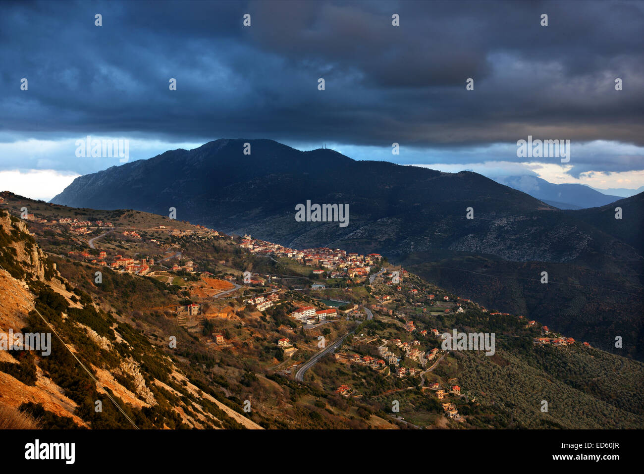 View of Arachova, the most popular winter resort in Greece, Mount Parnassos, Viotia., Central Greece. Stock Photo