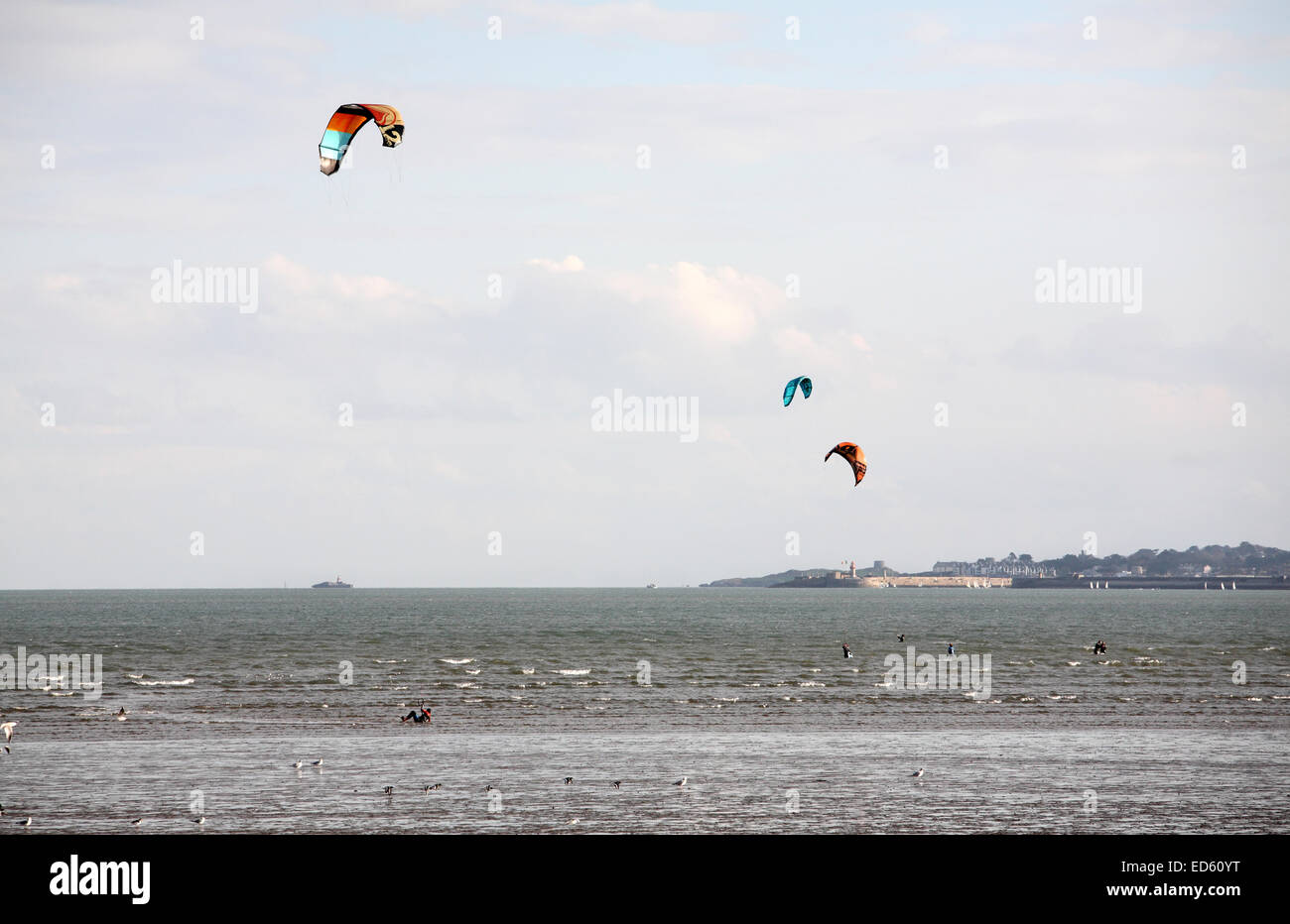 Kite surfers Dublin bay, Ireland Stock Photo