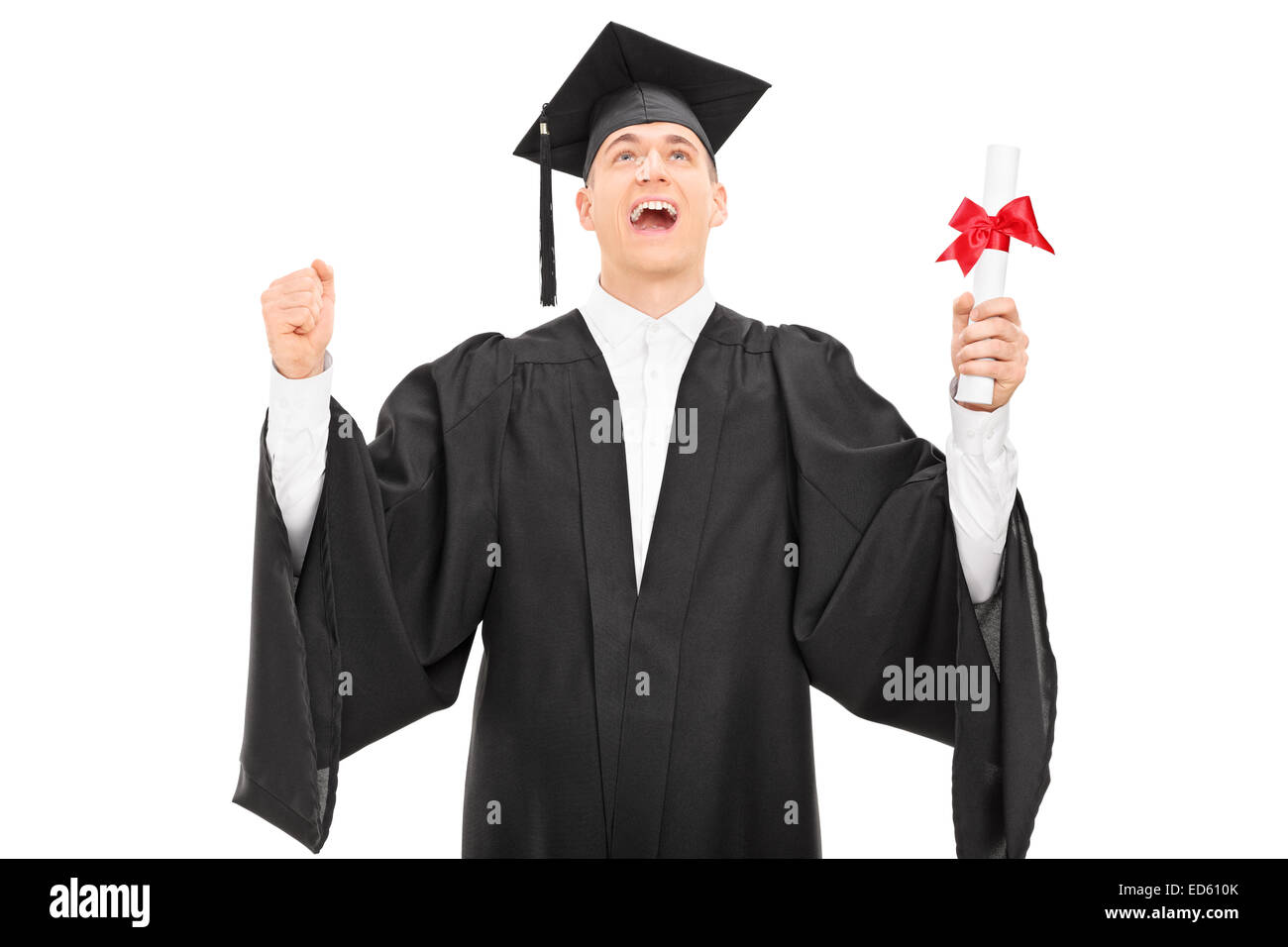 Overjoyed graduate student holding a diploma isolated on white ...