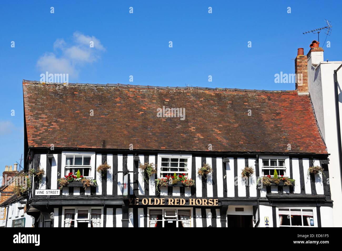 The timber framed Ye Olde Red Horse Pub along Vine Street in the town