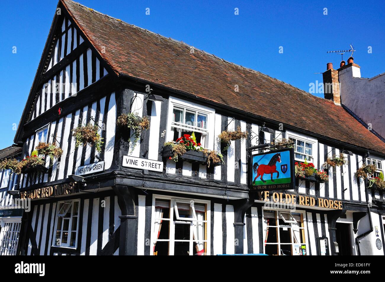 The timber framed Ye Olde Red Horse Pub along Vine Street in the town