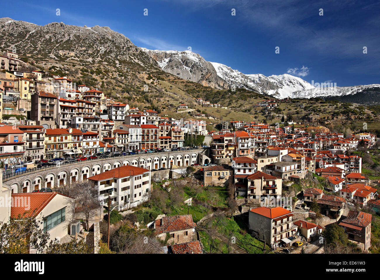 View of Arachova, the most popular winter resort in Greece, Mount Parnassos, Viotia., Central Greece. Stock Photo