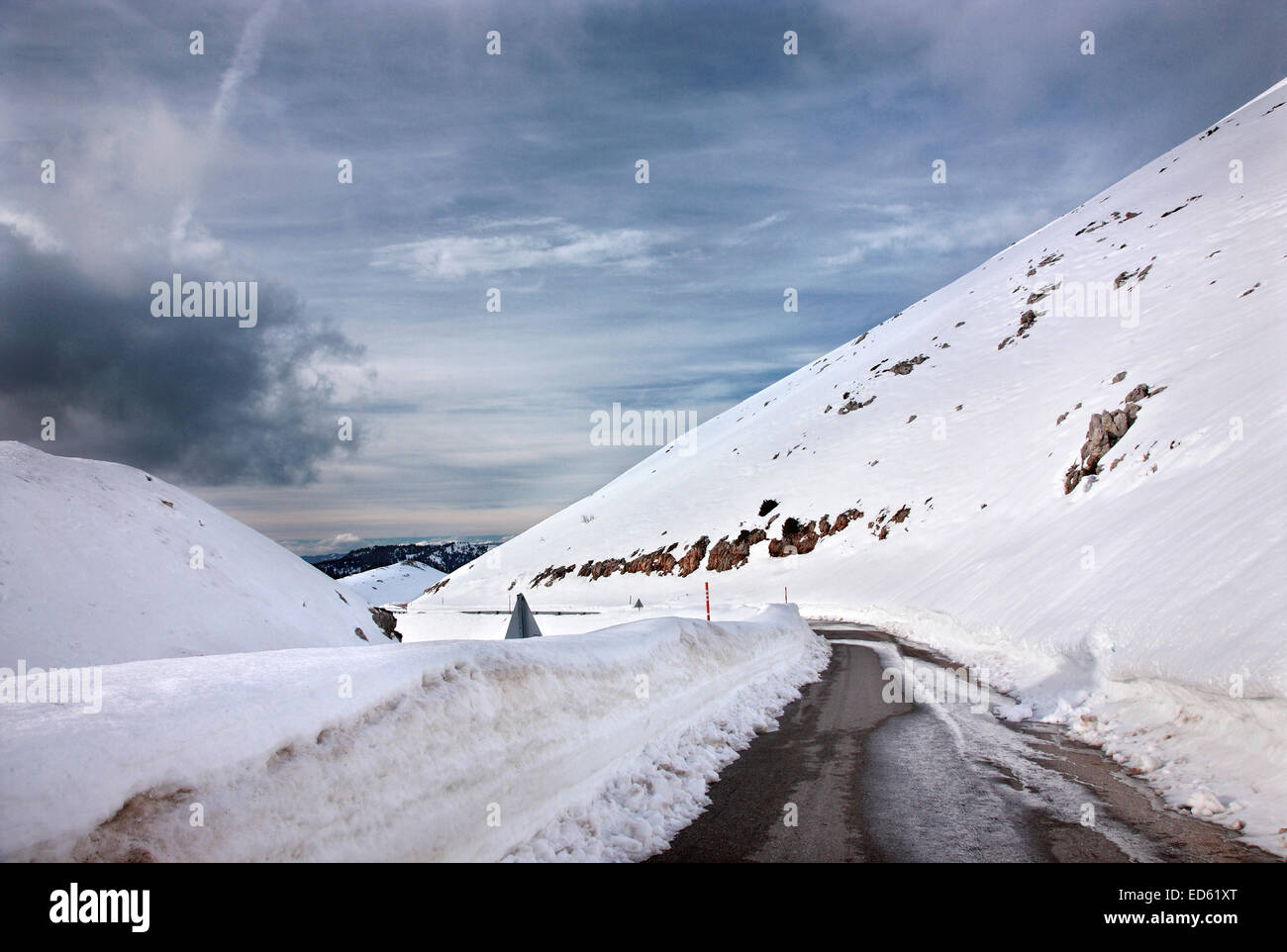 The road to Fterolaka ski center, Parnassos mountain, Viotia, Central Greece. Stock Photo