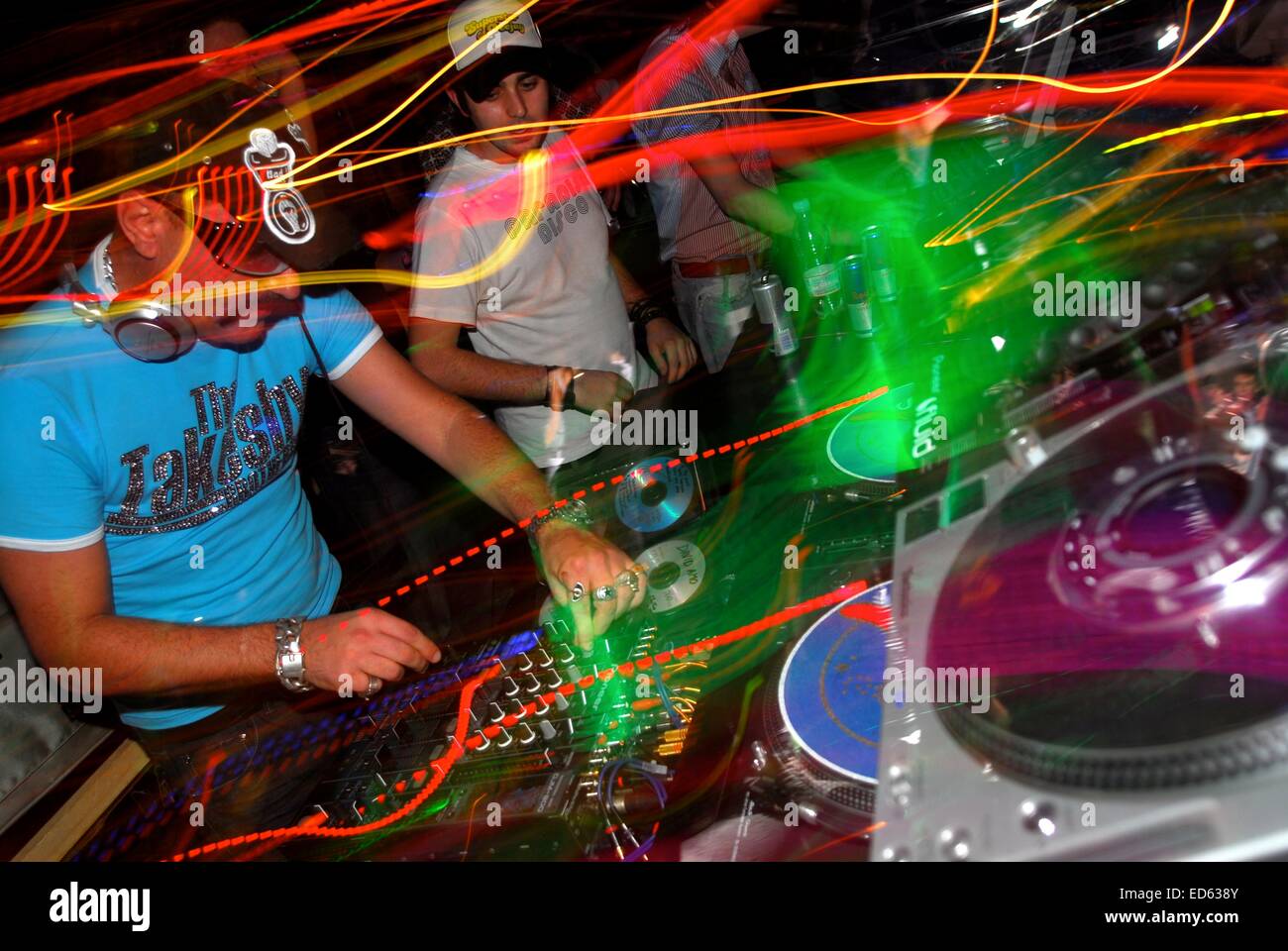 Disk jockey play music in DJ console at party Stock Photo Alamy