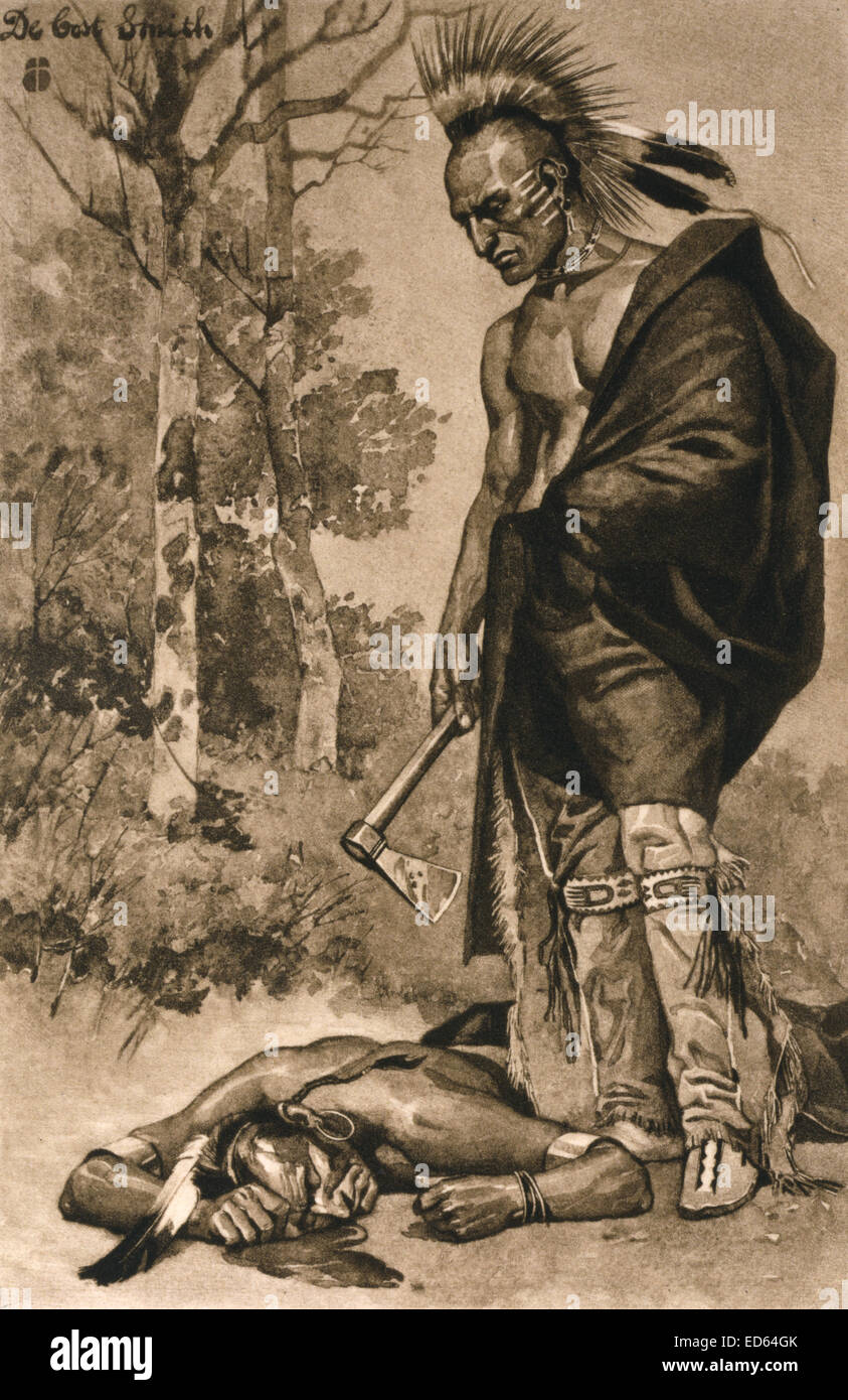 The death of Pontiac (Pontiac lying on ground) Indian with tomahawk standing over him), c1897, photogravure Stock Photo