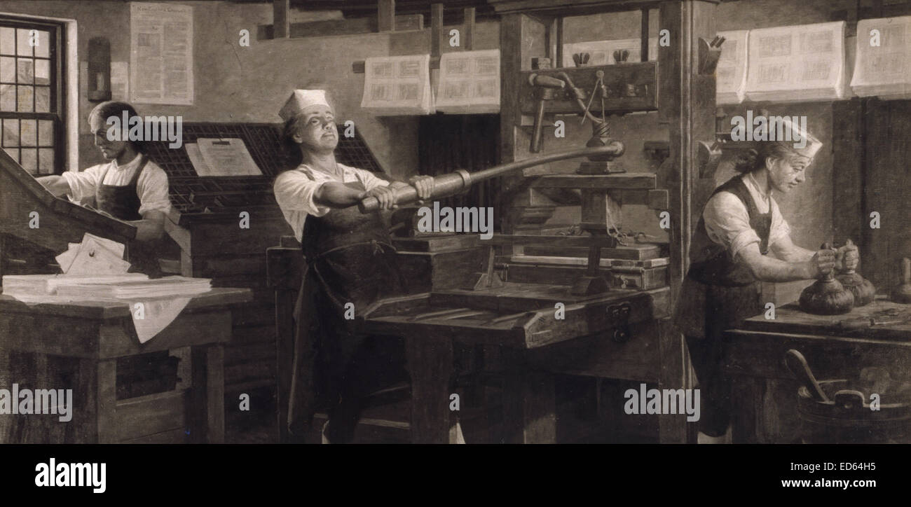 Benjamin Franklin working in print shop, c1914 Stock Photo