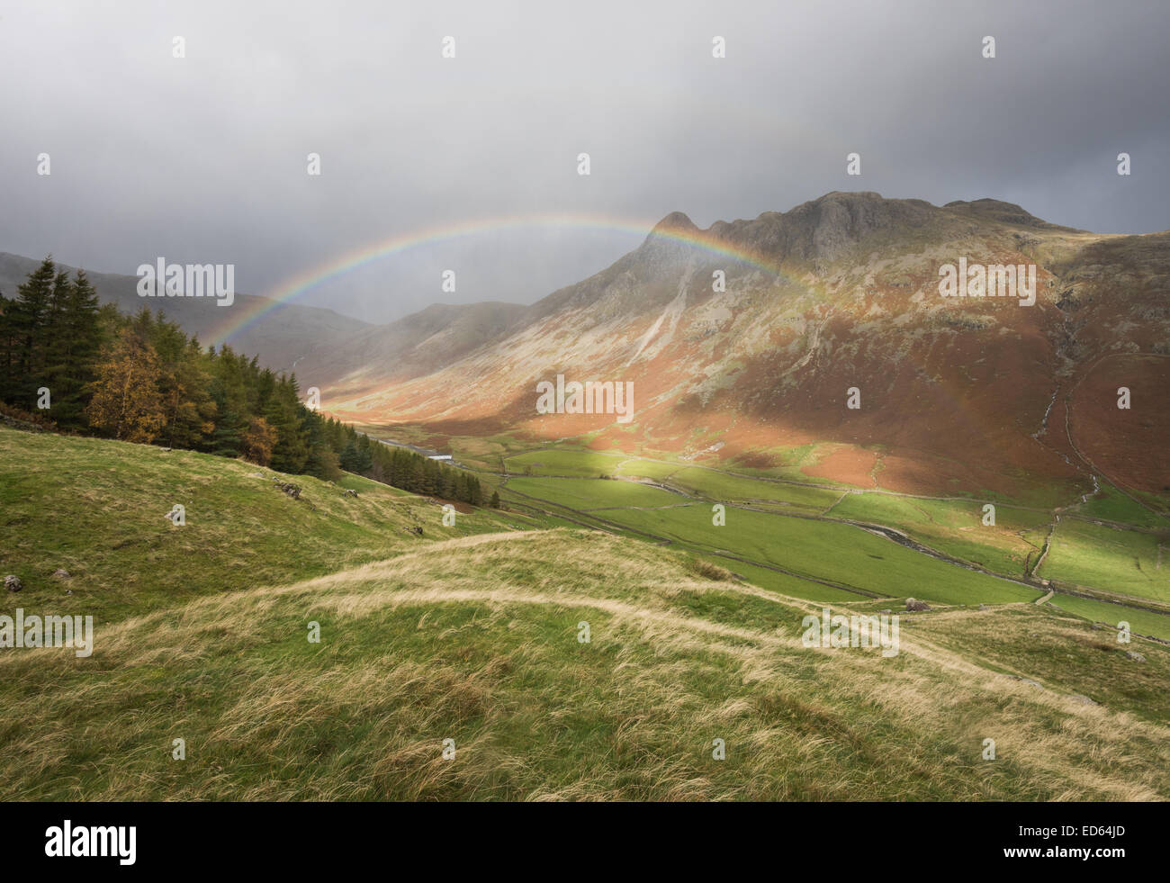 Rainbow over the Mickelden Valley and the Langdale Pikes, Great Langdale, English Lake District Stock Photo