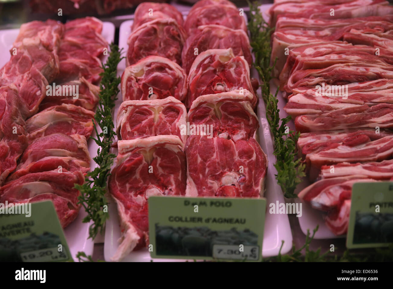 Paris fresh produce market meat section Stock Photo