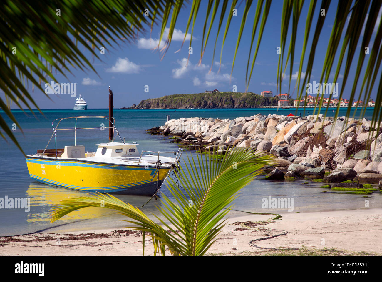 Boat tied up along the beach in Philipsburg, Sint Maarten, West Indies Stock Photo