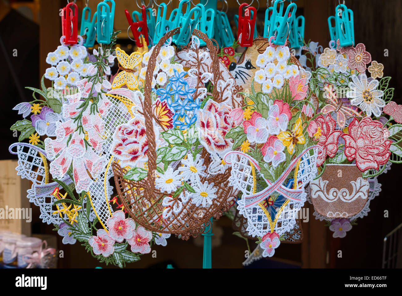 Prague souvenirs, background lace embroidery. Prague is the capital and