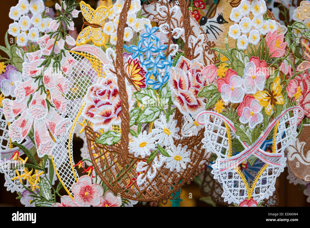 Prague souvenirs, background lace embroidery. Prague is the capital and