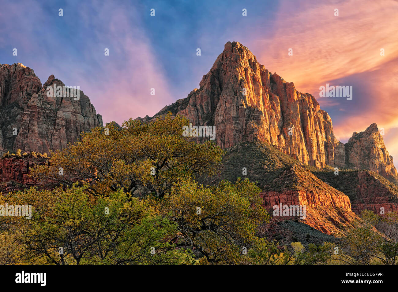 Autumn sunset over The Watchman in Utah's Zion National Park. Stock Photo