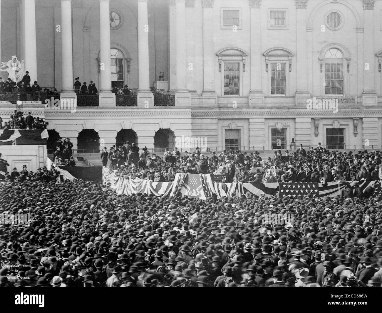 President McKinley making his inaugural address near Senate wing of east portico of U.S. Capitol., March 4, 1897. Inauguration Stock Photo
