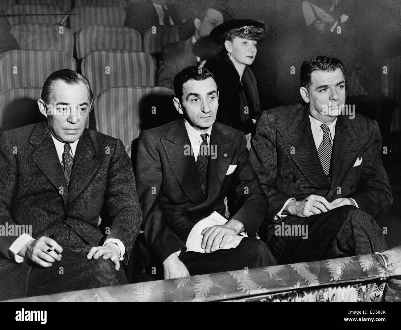 Richard Rodgers, Irving Berlin and Oscar Hammerstein II, seated in back is Helen Tamiris, they are watching hopefuls who are being auditioned on stage of the St. James Theatre, 1948 Stock Photo