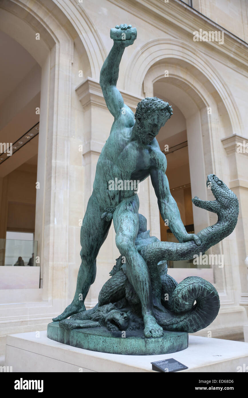 man fight snake sculpture Louvre museum Stock Photo