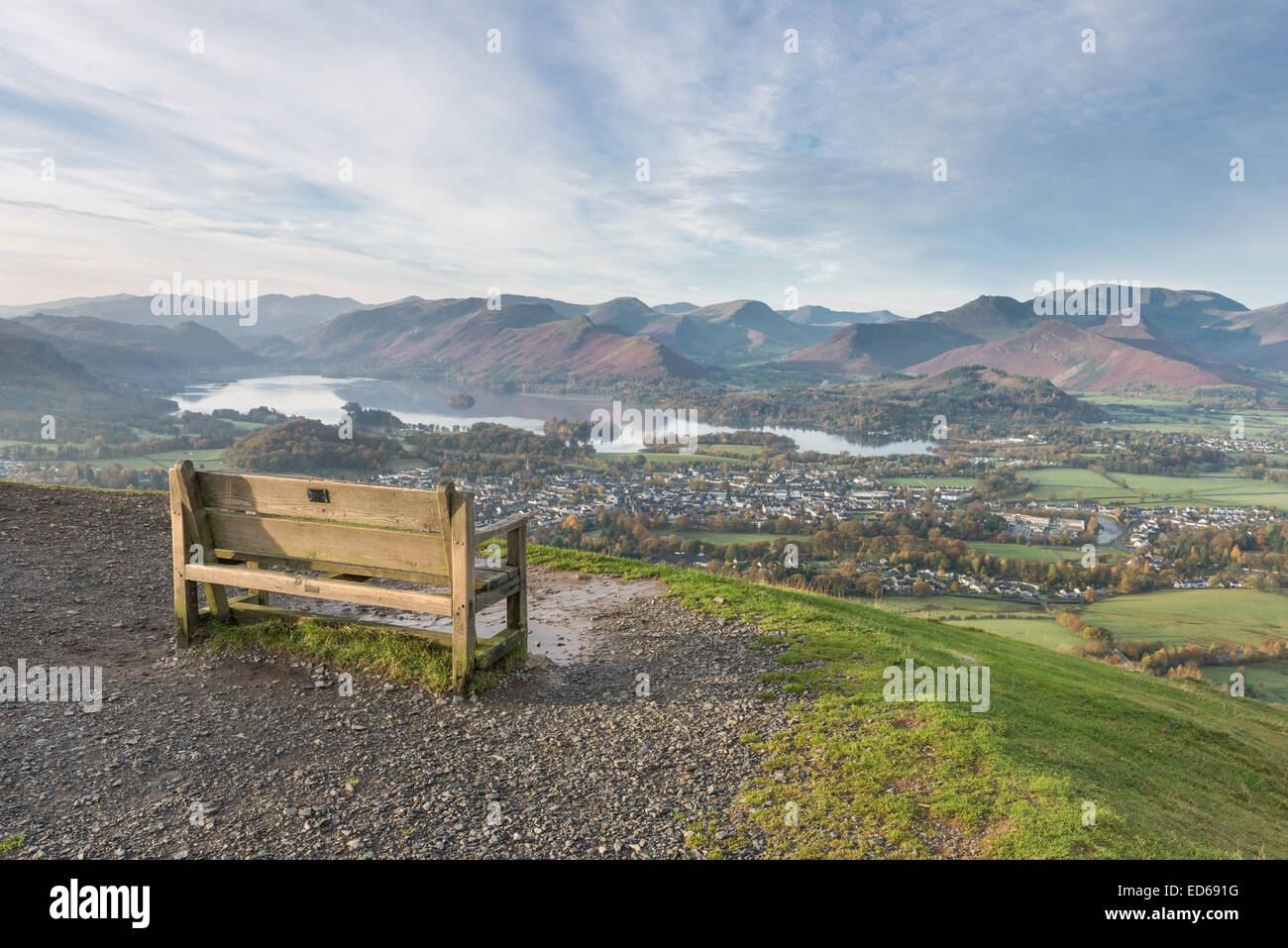 Bench on Latrigg overlooking, Keswick, Derwent Water and the Derwent