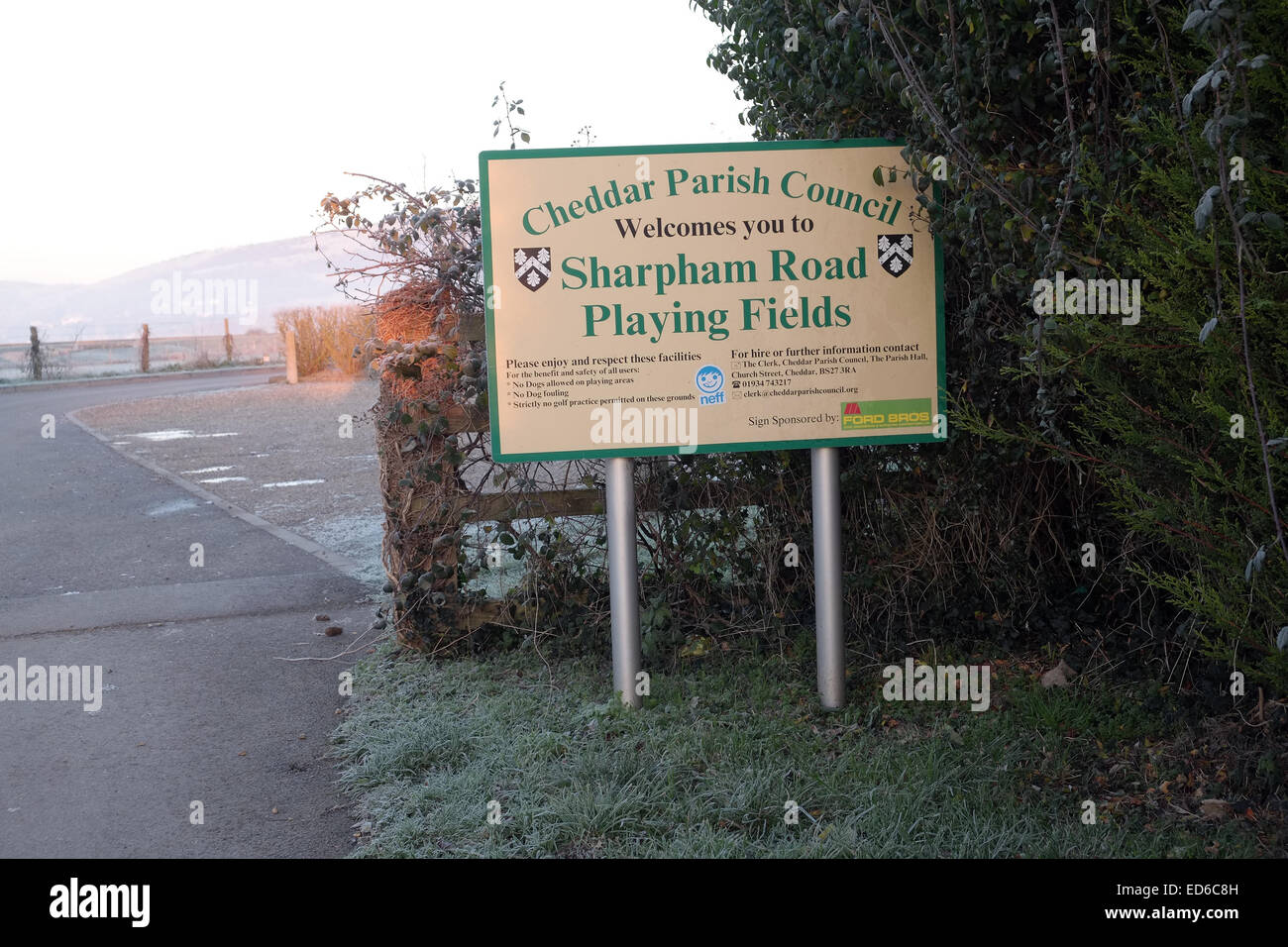 Cheddar Parish Council sign for Sharpham road playing fields. Stock Photo