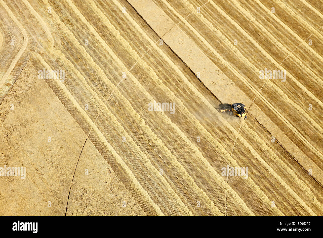 An aerial view of farm machinery in the field harvesting wheat Stock Photo