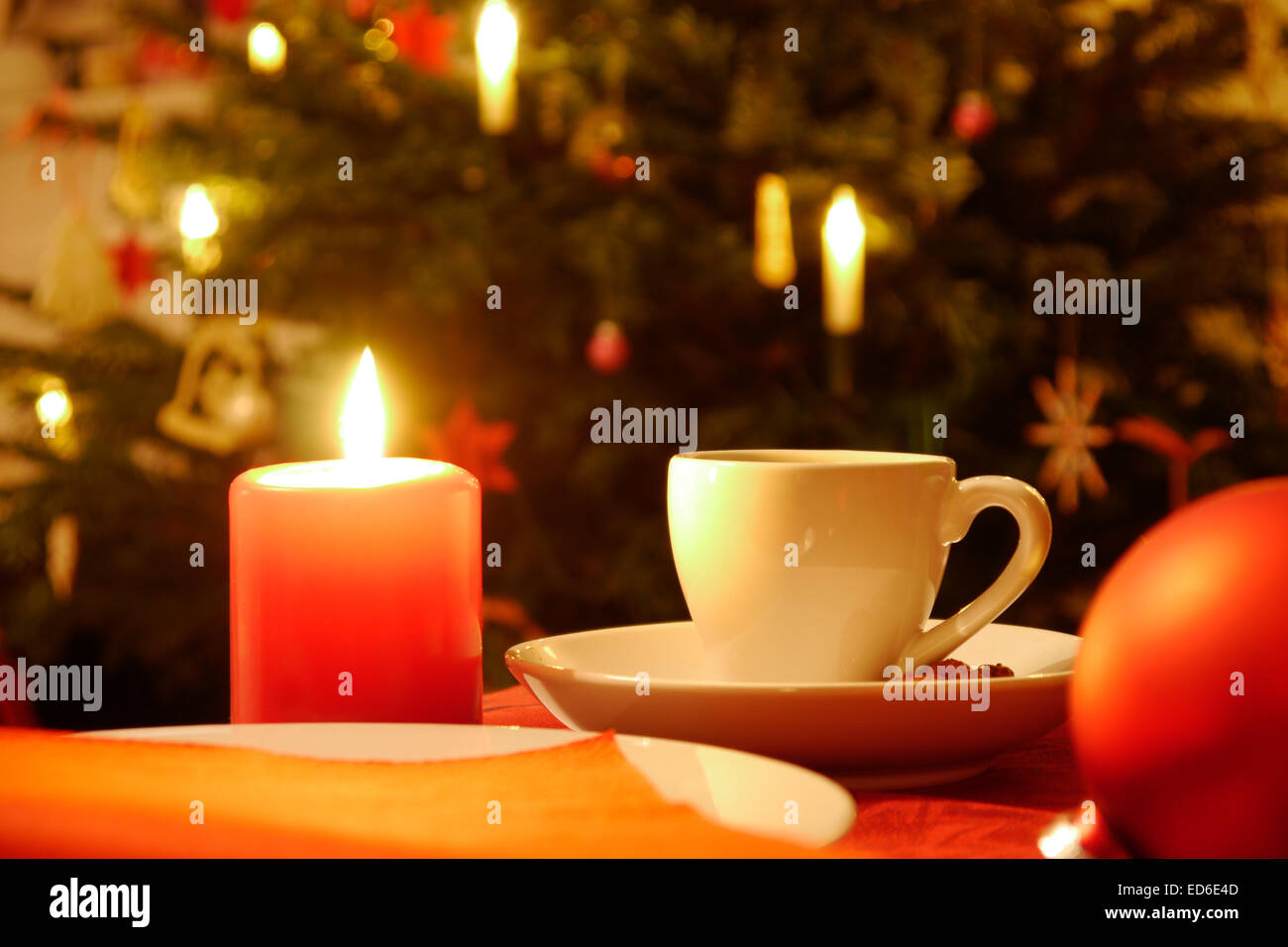cup of coffe and candle at christmas Stock Photo