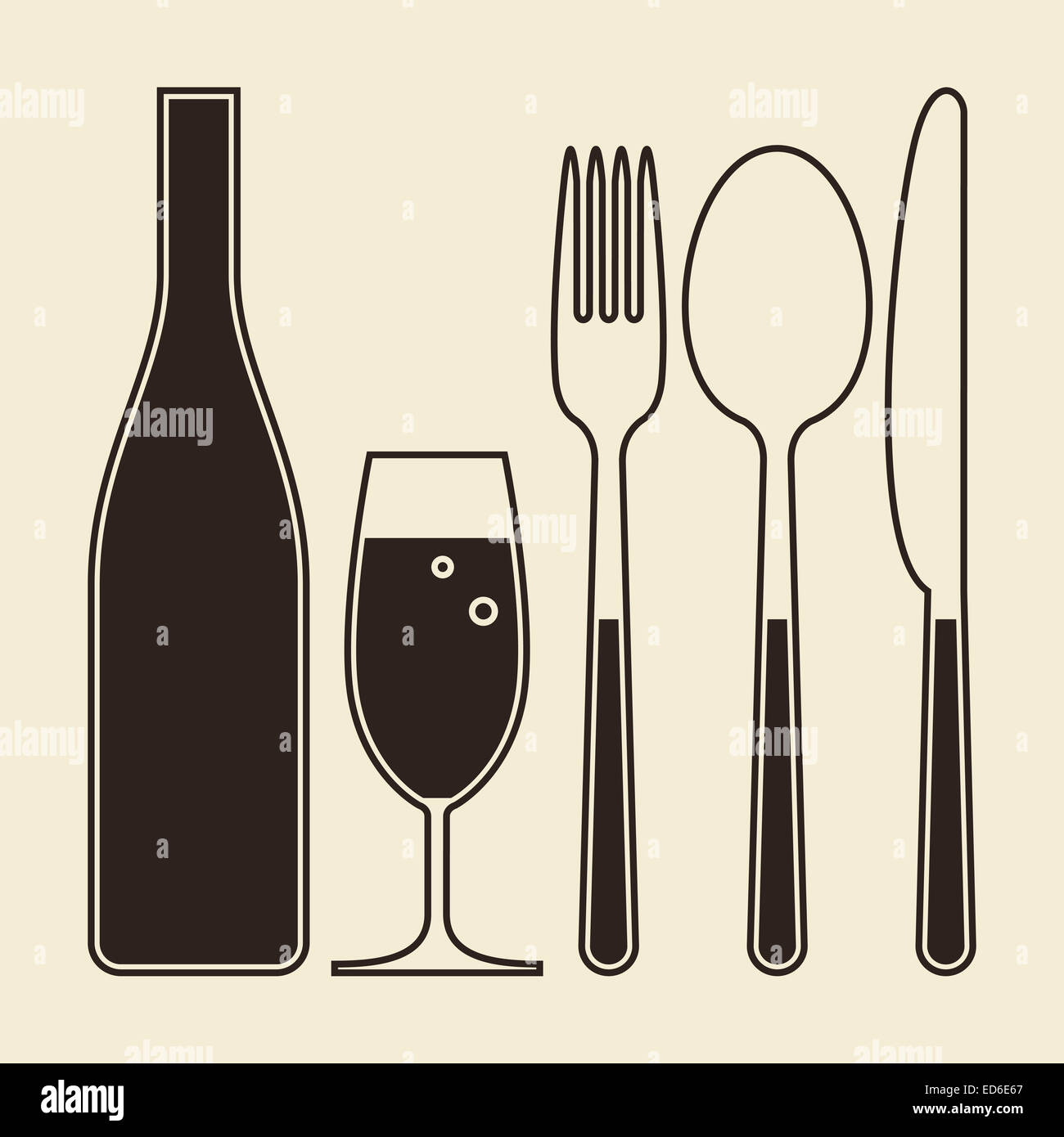 Bottle, glass of champagne, fork, knife and spoon on light background