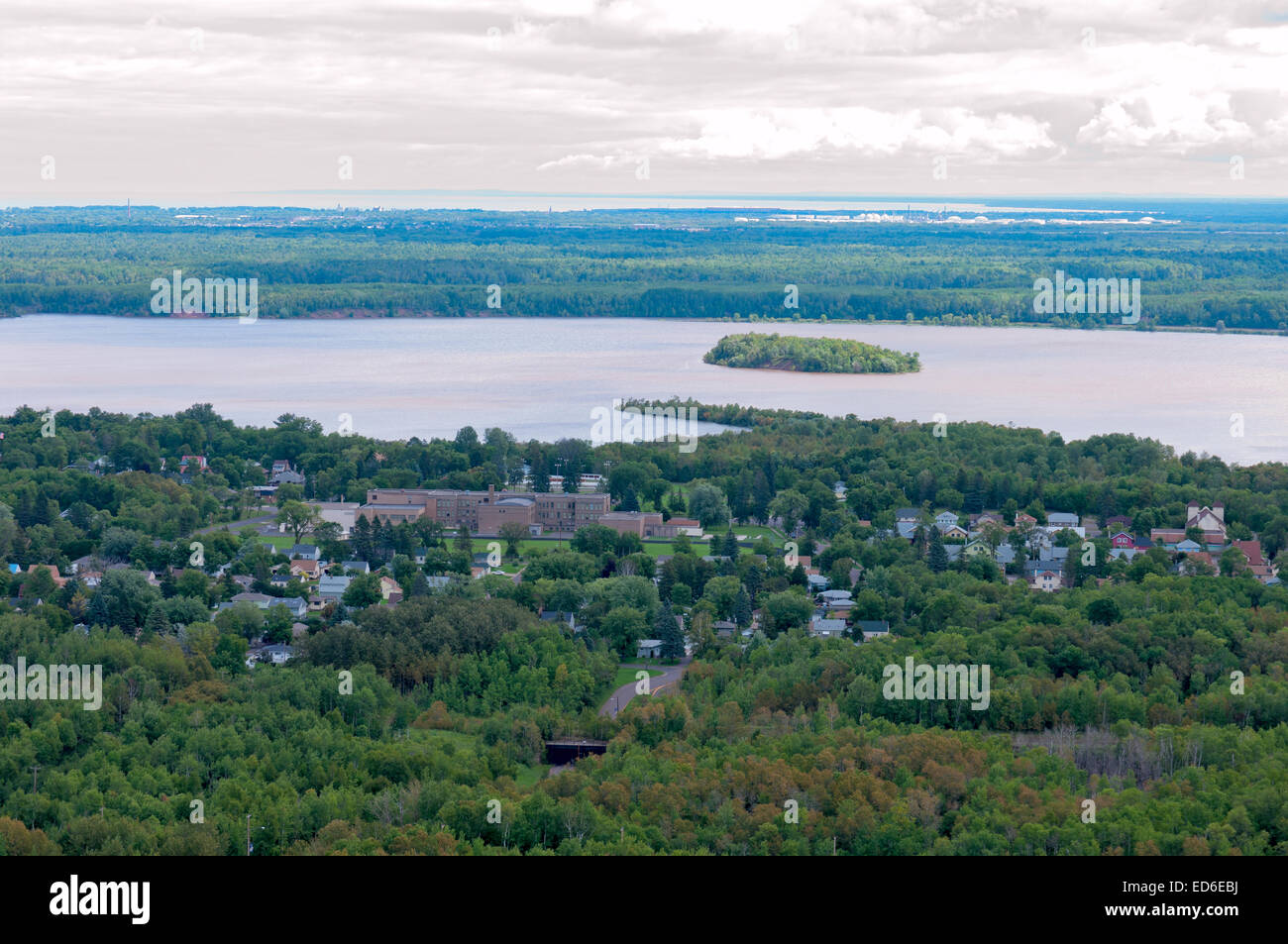 aerial of morgan park neighborhood and spirit lake surrounding spirit island in duluth minnesota Stock Photo