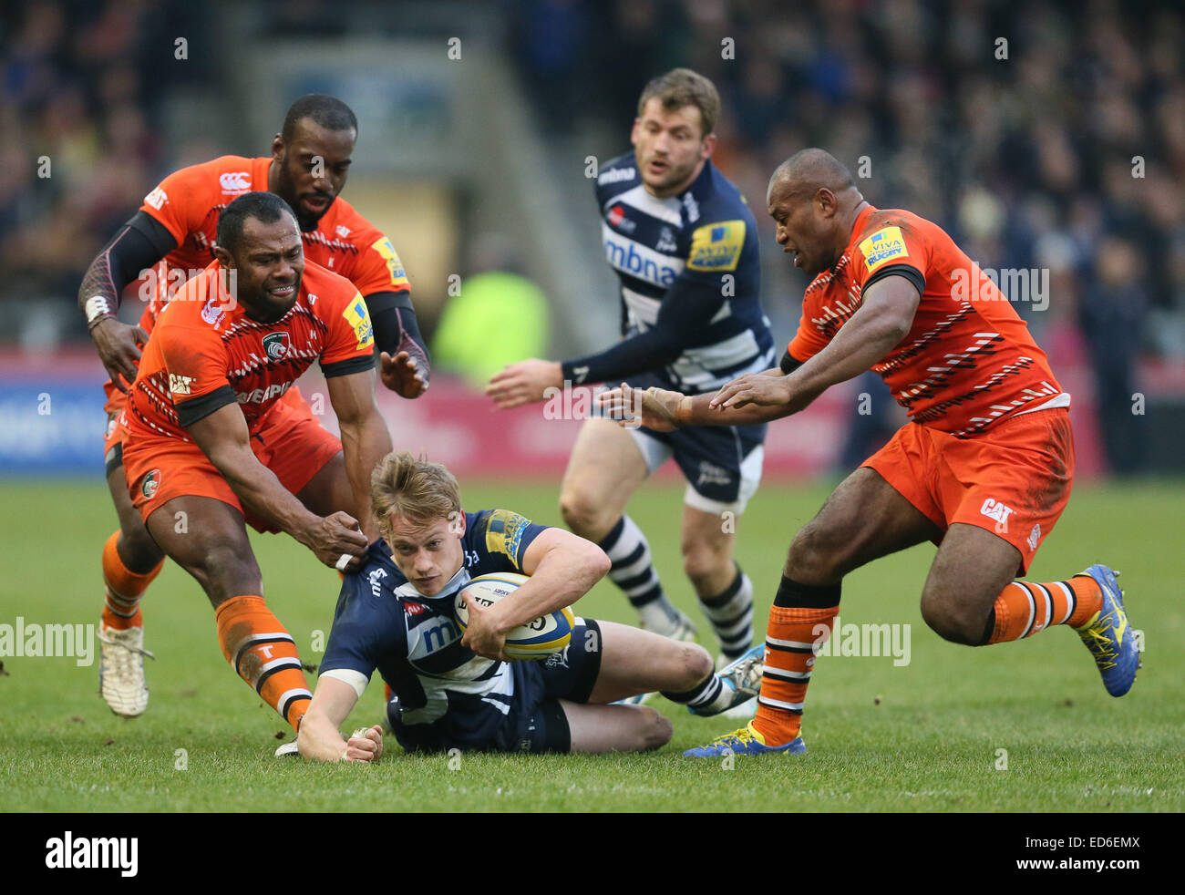 Salford, UK. 27th Dec, 2014. Michael Haley of Sale Sharks tackled by Seremaia Bai of Leicester Tigers - Aviva Premiership - Sale Sharks vs Leicester Tigers - AJ Bell Stadium - Salford - England - 27th December 2014 - Picture Simon Bellis/Sportimage. © csm/Alamy Live News Stock Photo